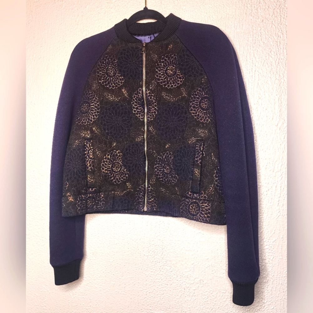 Martin Grant Floral Copper Brocade Luxe Bomber Jacket in Midnight Blue. Size 38